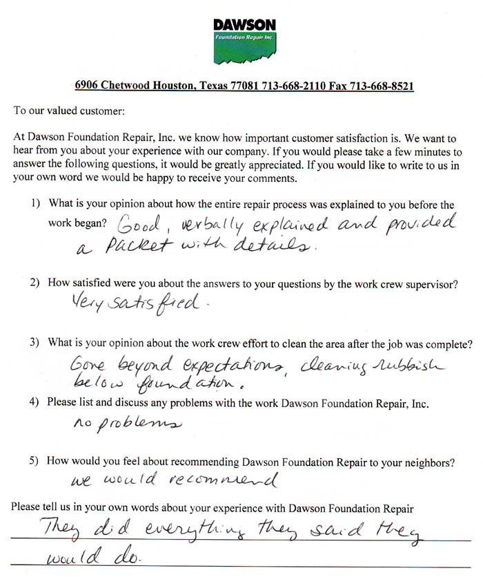 testimonial letter #338 in Dallas for Dawson Foundation Repair