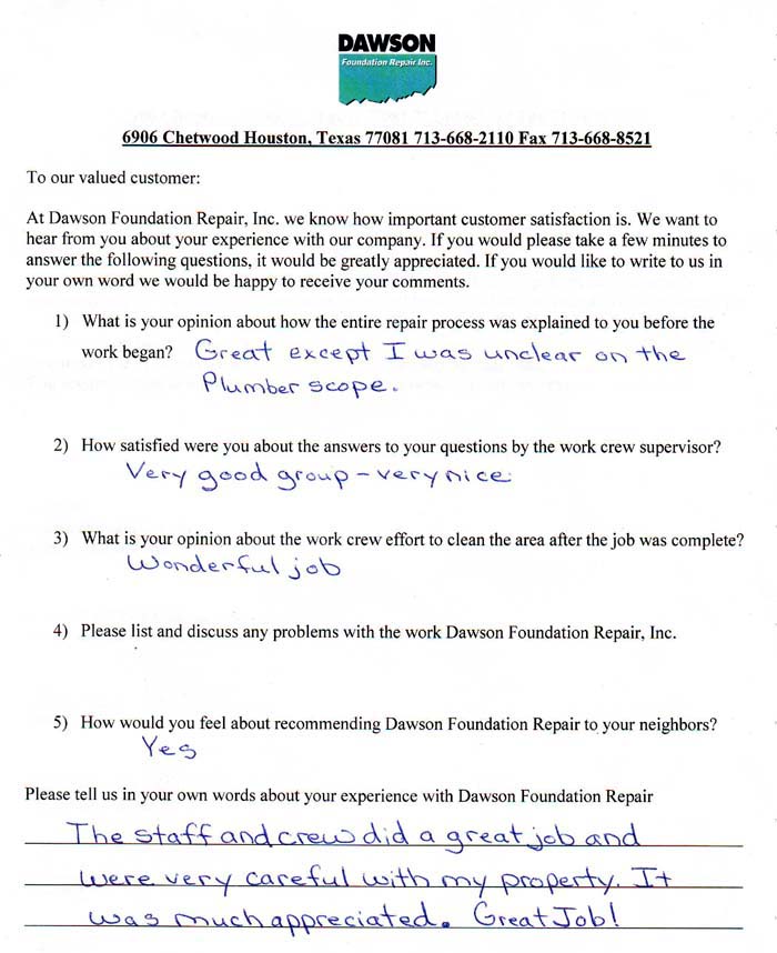 testimonial letter #341 in Dallas for Dawson Foundation Repair