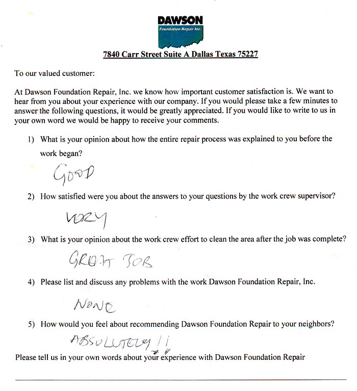 testimonial letter #401 in Dallas for Dawson Foundation Repair