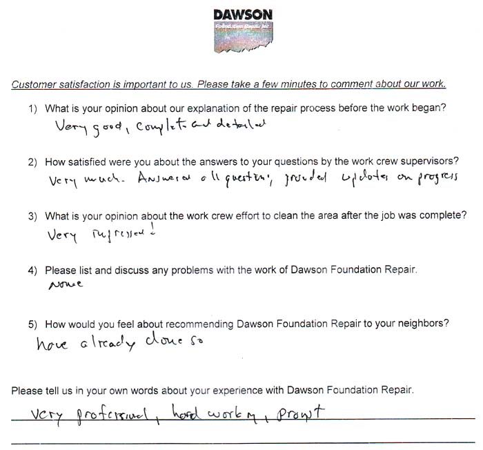 testimonial letter #478 in Dallas for Dawson Foundation Repair