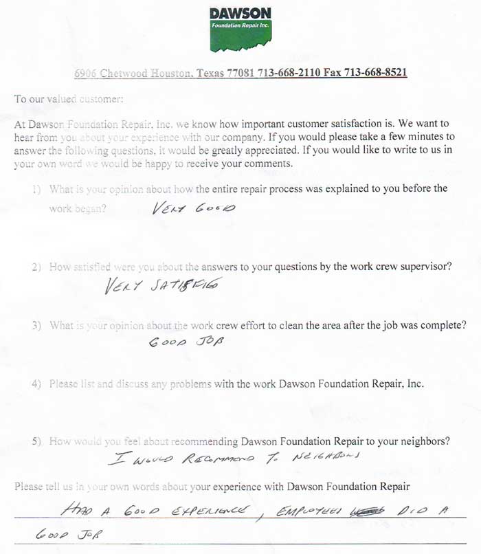 testimonial letter #452 in Houston for Dawson Foundation Repair