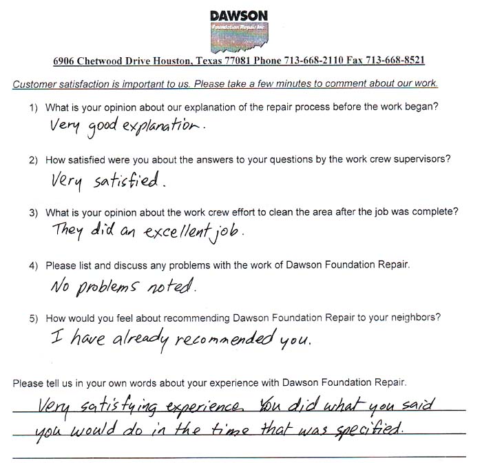 testimonial letter #485 in Houston for Dawson Foundation Repair
