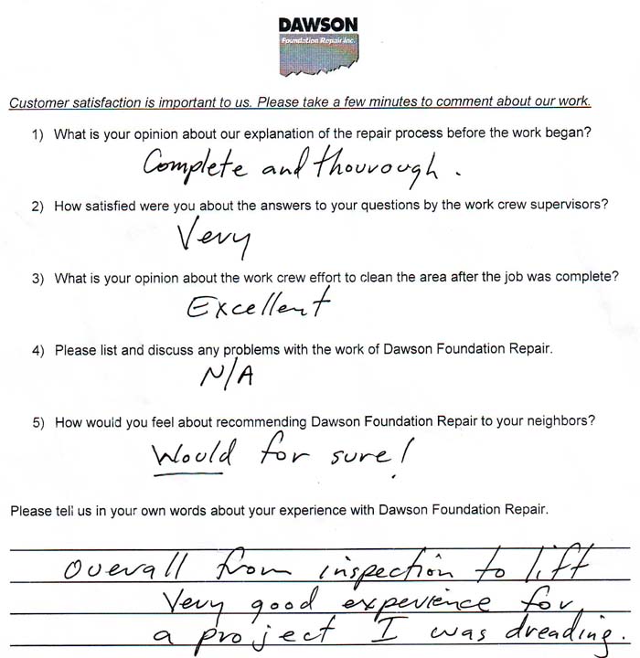 testimonial letter #507 in Houston for Dawson Foundation Repair