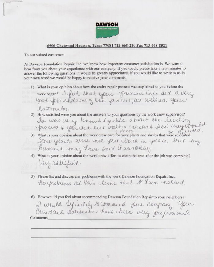 testimonial letter #112 for Dawson Foundation Repair