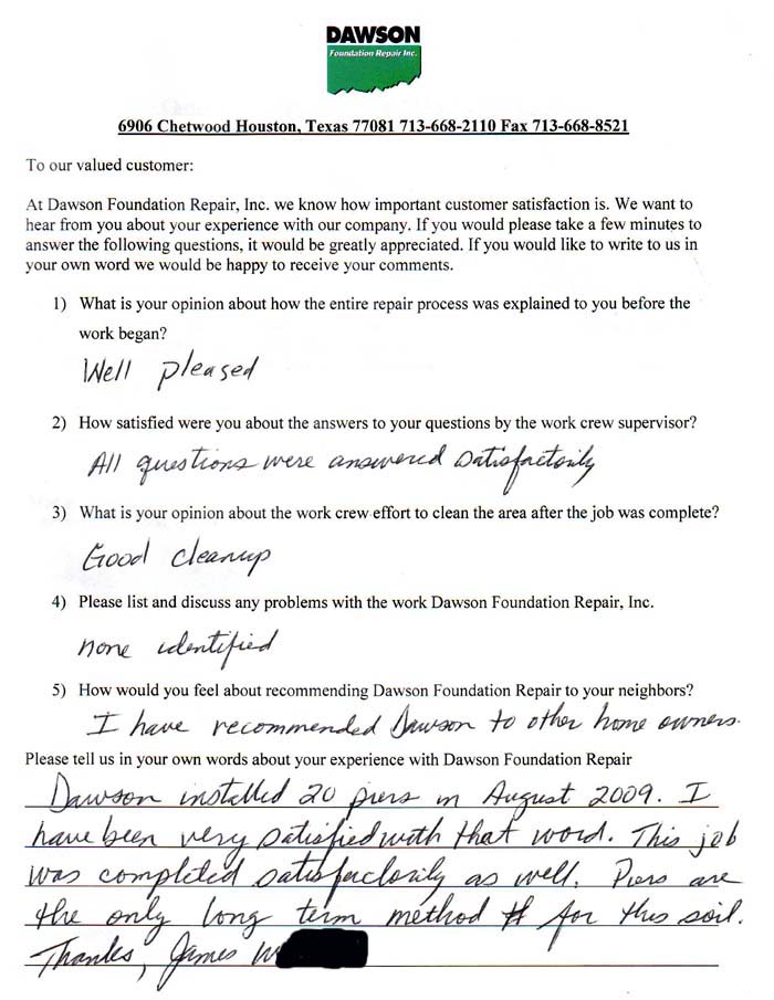 testimonial letter #331 in Plano for Dawson Foundation Repair