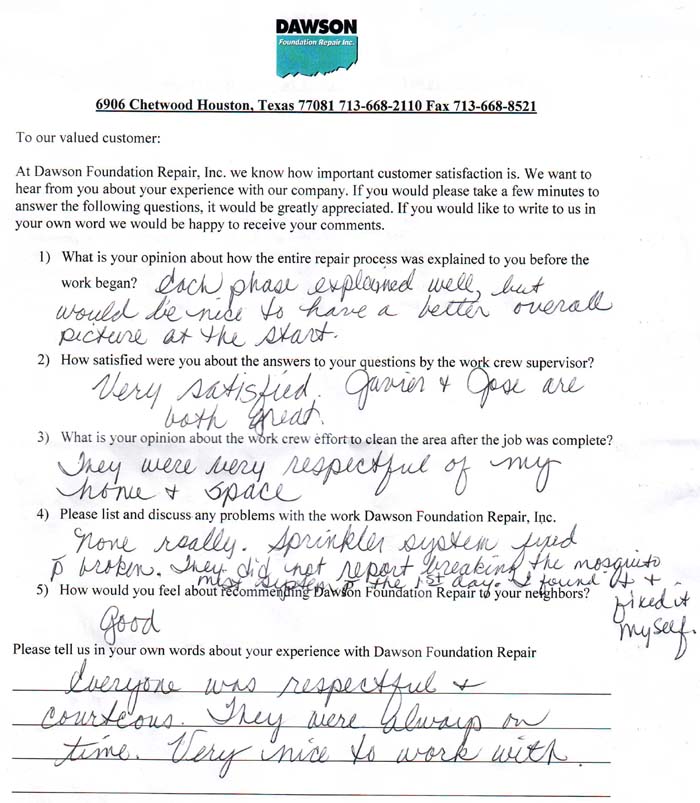 testimonial letter #357 in Plano for Dawson Foundation Repair