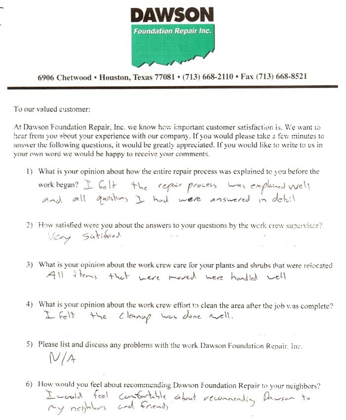 testimonial letter #104 for Dawson Foundation Repair