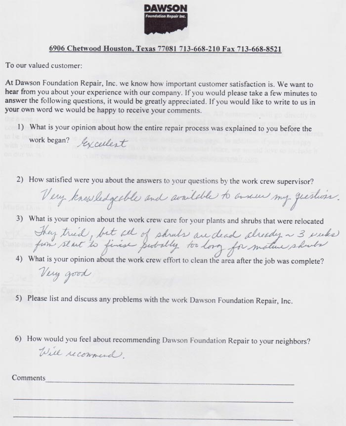 testimonial letter #169 for Dawson Foundation Repair
