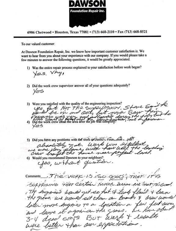 testimonial letter #22 for Dawson Foundation Repair