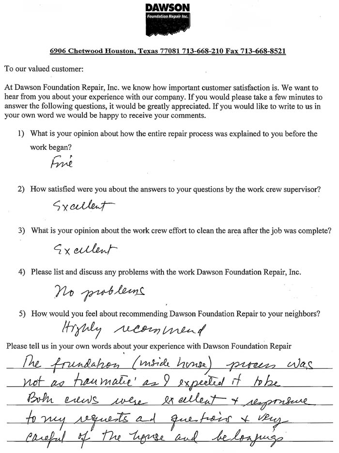 testimonial letter #278 for Dawson Foundation Repair
