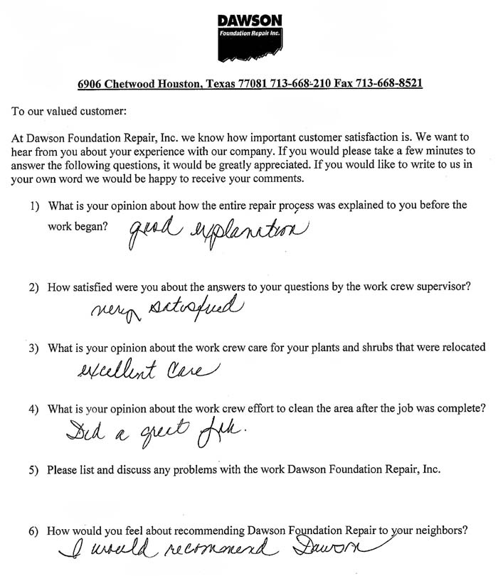 testimonial letter #285 in Corpus Christi, Texas for Dawson Foundation Repair