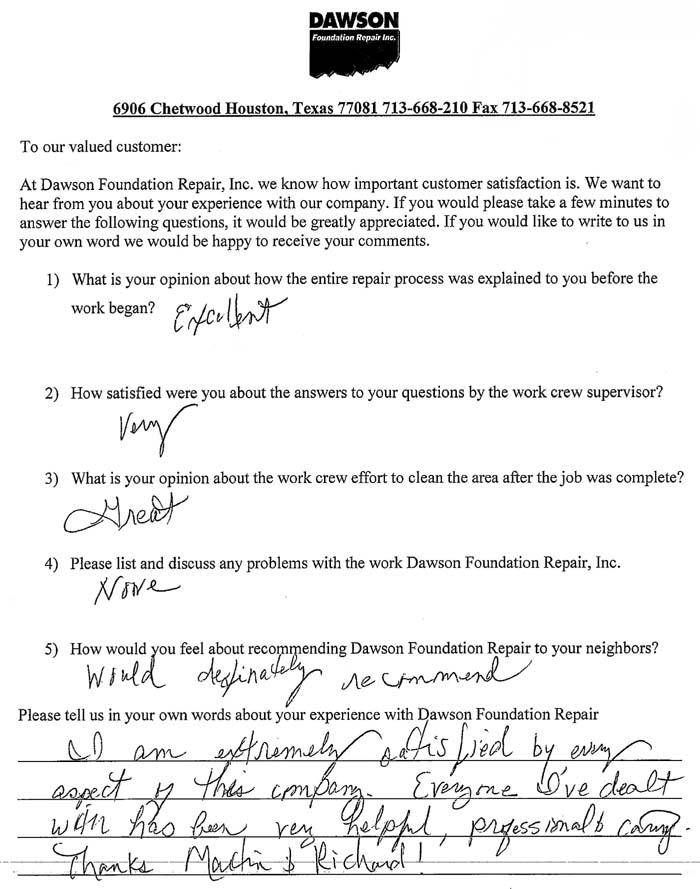 testimonial letter #291 for Dawson Foundation Repair