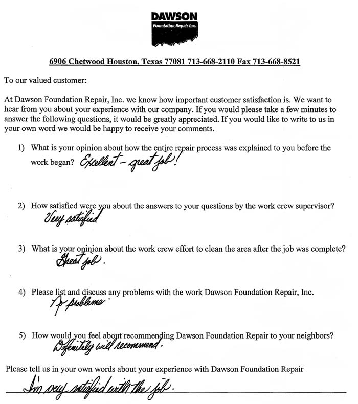 testimonial letter #313 in Corpus Christi for Dawson Foundation Repair