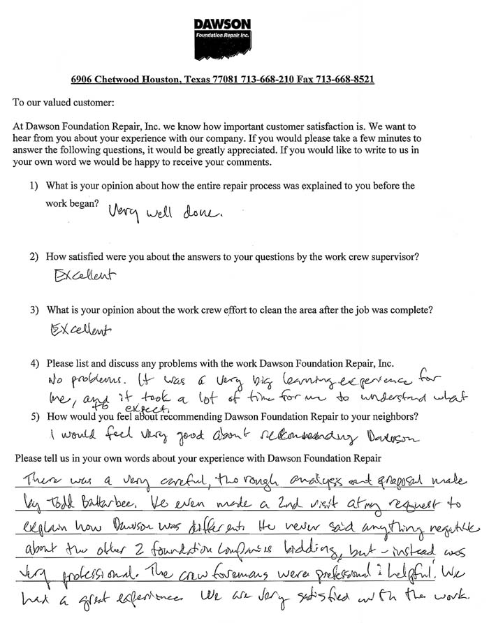 testimonial letter #319 in Sugar Land for Dawson Foundation Repair