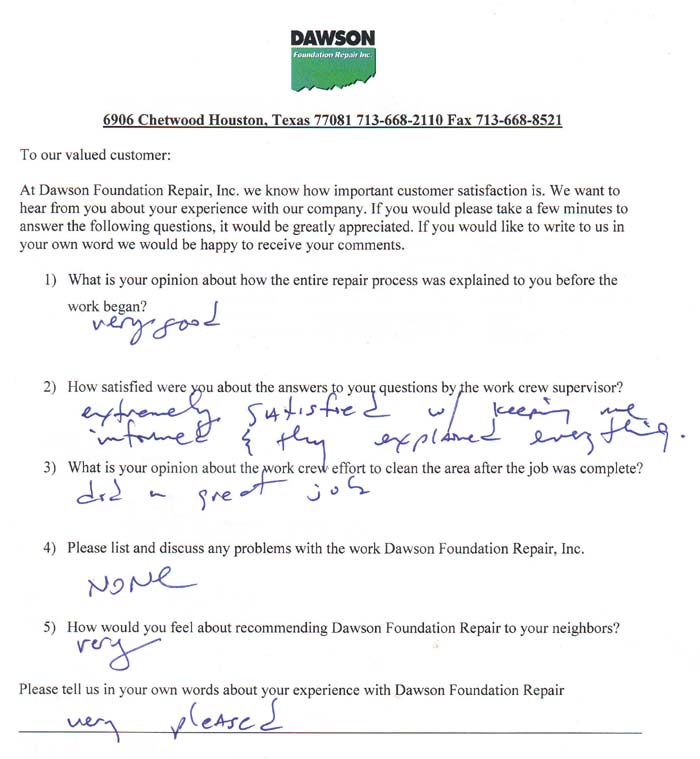 testimonial letter #344 in Houston for Dawson Foundation Repair