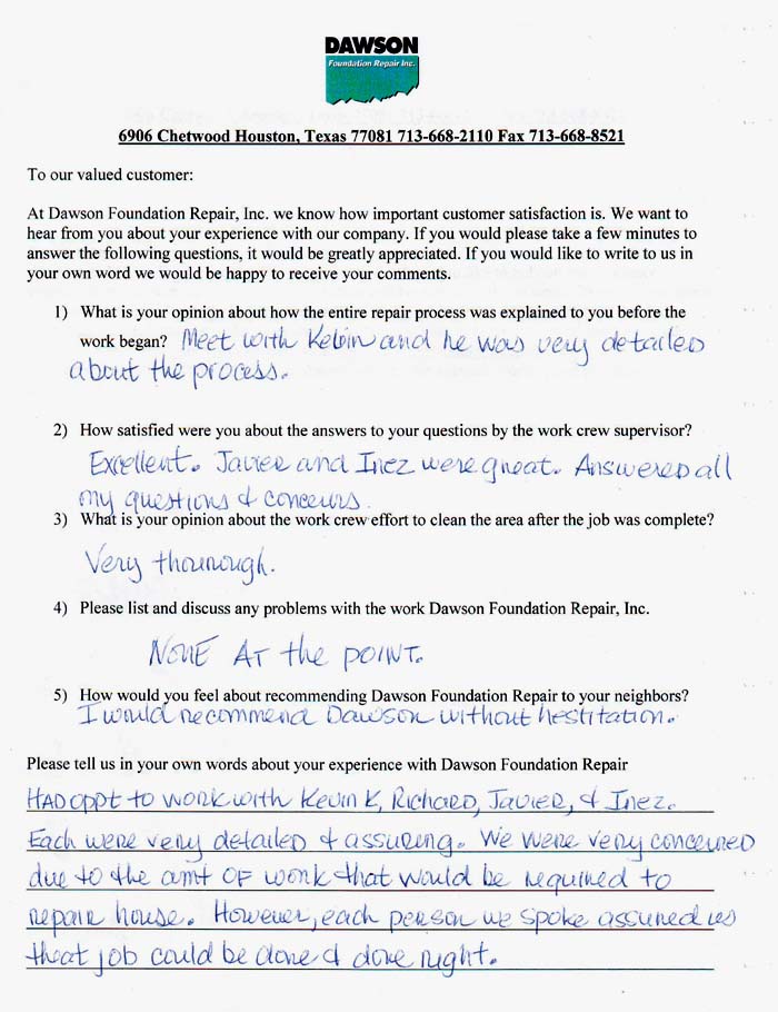 testimonial letter #358 in Houston for Dawson Foundation Repair