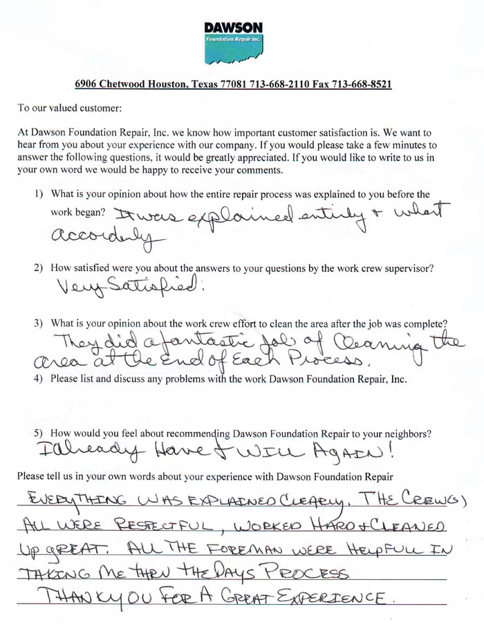 testimonial letter #359 in Houston for Dawson Foundation Repair