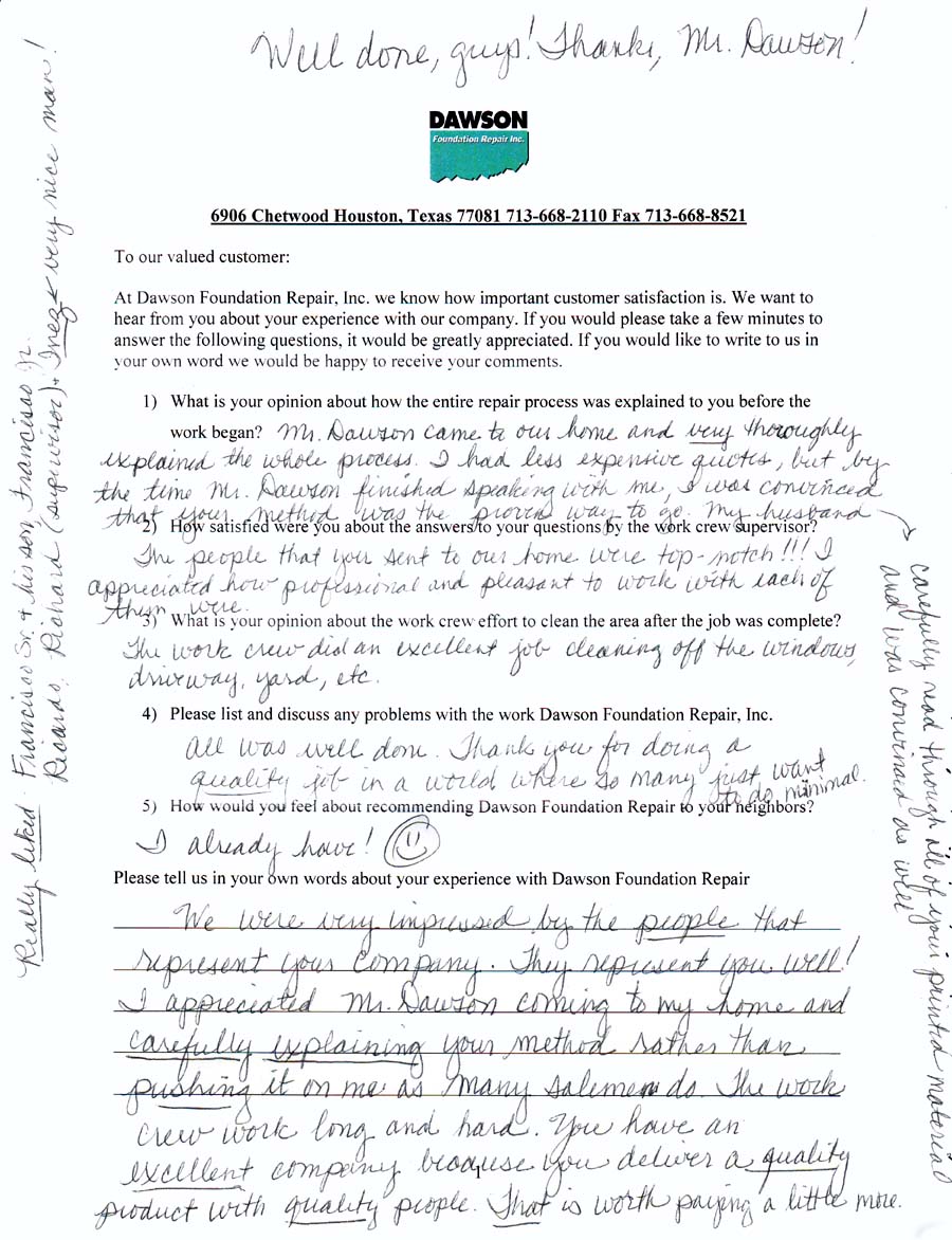 testimonial letter #361 in Sugar Land for Dawson Foundation Repair