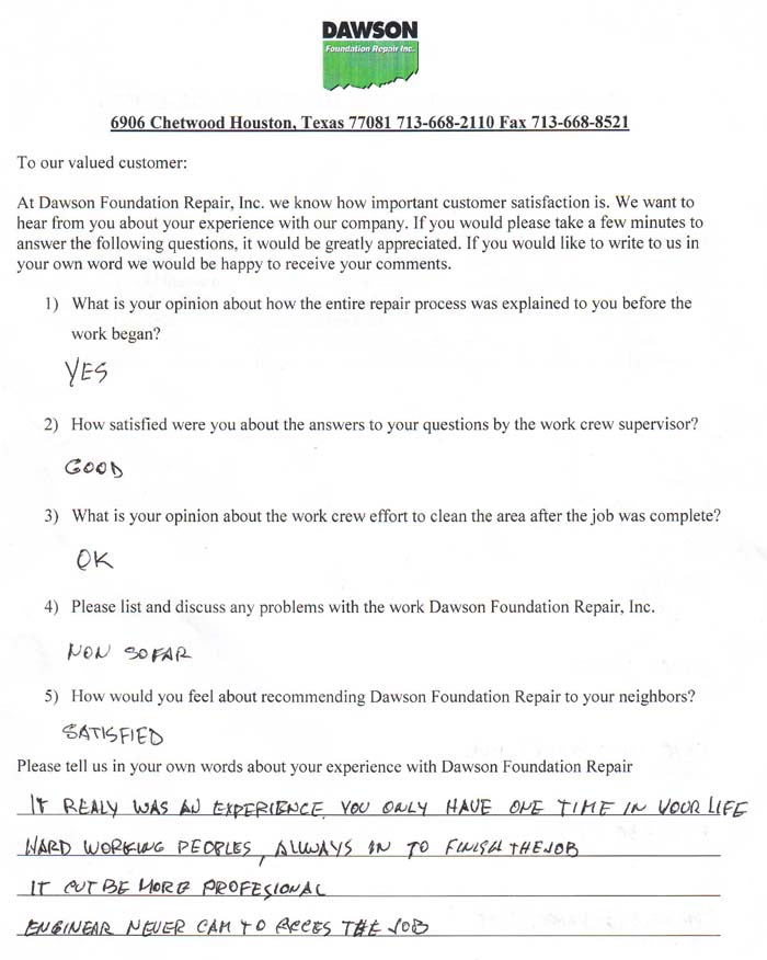 testimonial letter #378 in Houston for Dawson Foundation Repair