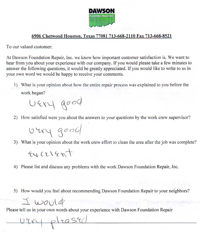 testimonial letter #391 in Houston for Dawson Foundation Repair