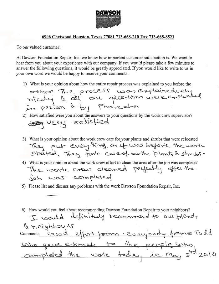 testimonial letter #46 for Dawson Foundation Repair