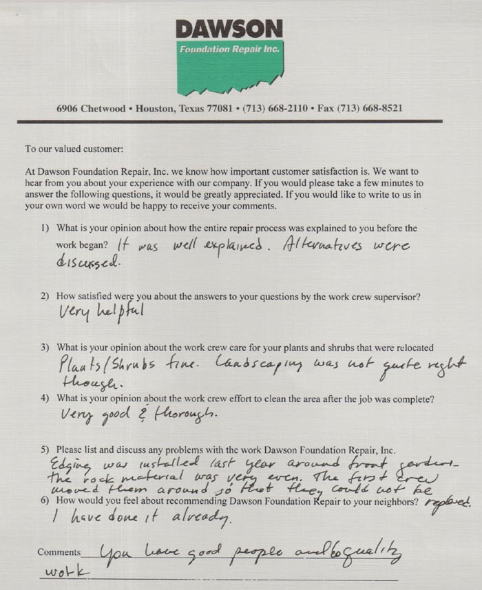 testimonial letter #81 for Dawson Foundation Repair