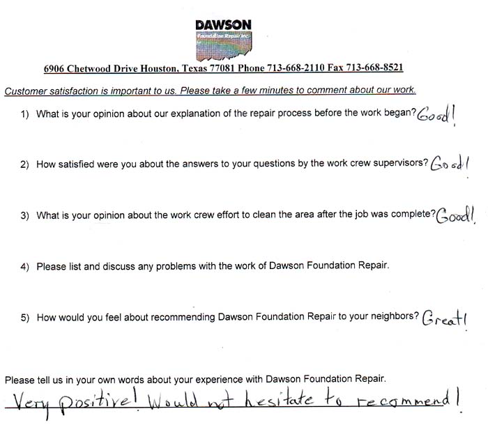 testimonial letter #491 in Austin for Dawson Foundation Repair