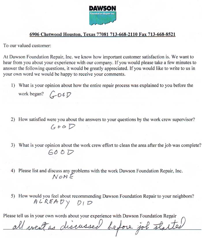 testimonial letter #335 in Dallas for Dawson Foundation Repair