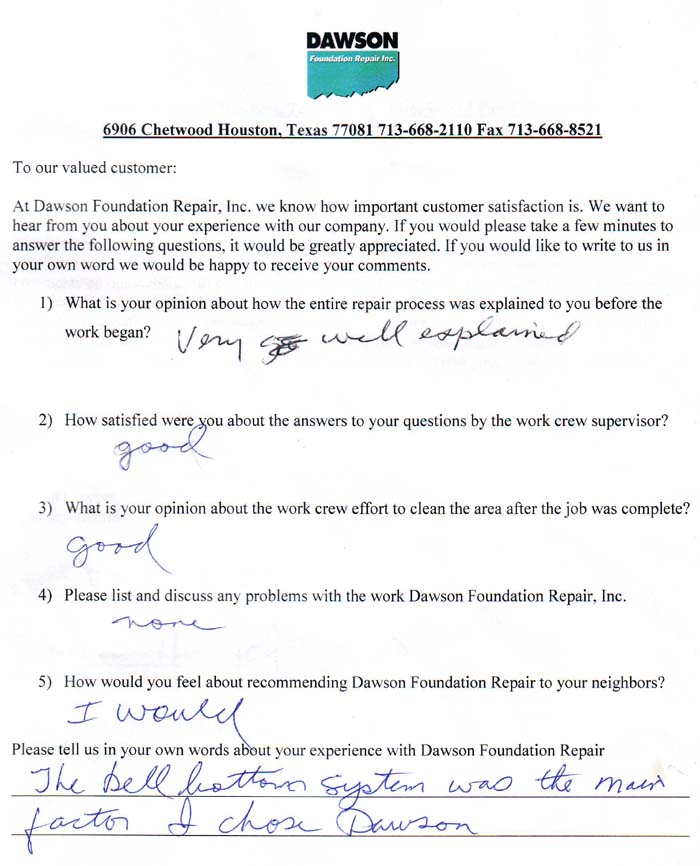 testimonial letter #347 in Dallas for Dawson Foundation Repair