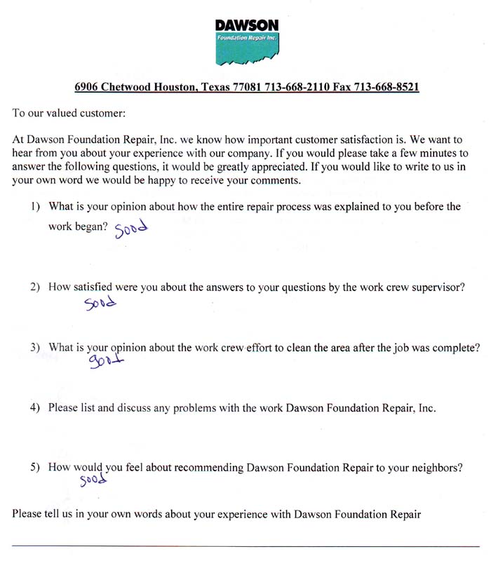 testimonial letter #348 in Dallas for Dawson Foundation Repair