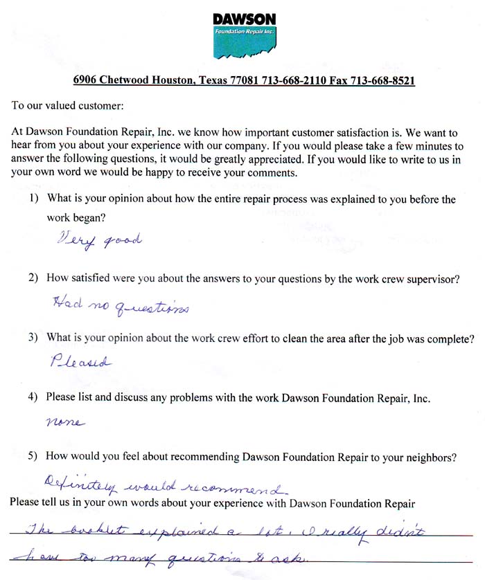 testimonial letter #352 in Dallas for Dawson Foundation Repair