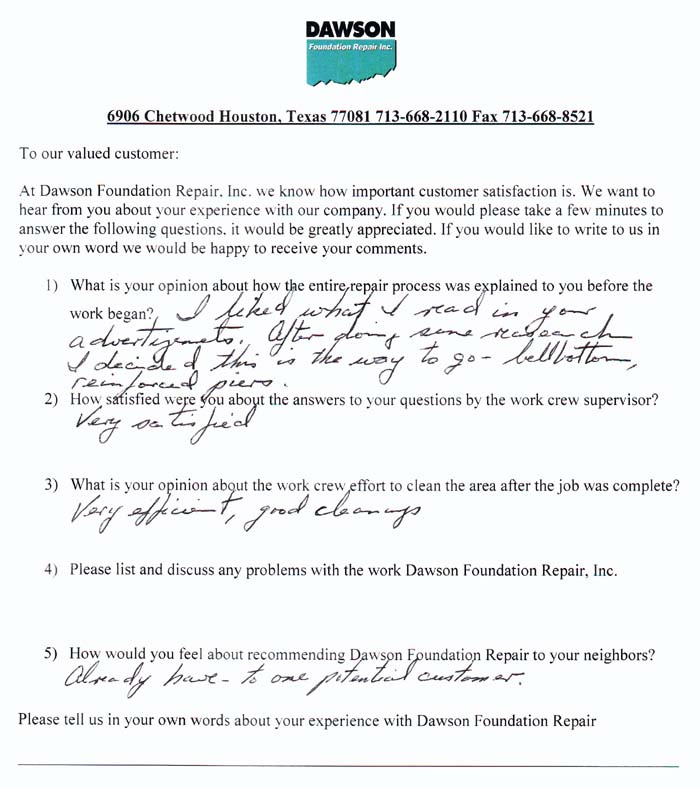 testimonial letter #360 in Dallas for Dawson Foundation Repair