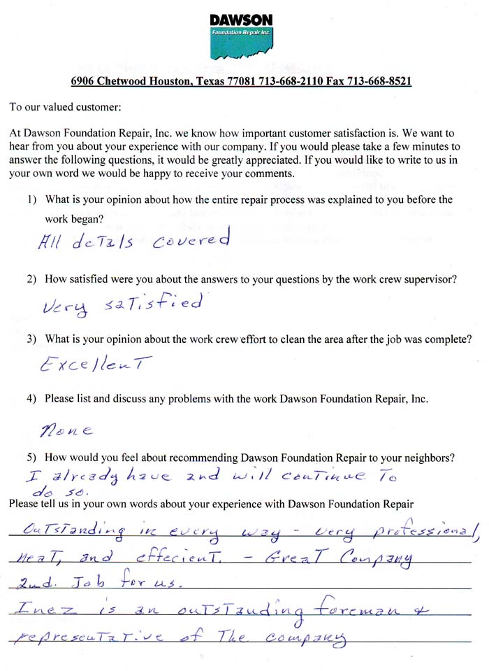 testimonial letter #366 in Dallas for Dawson Foundation Repair