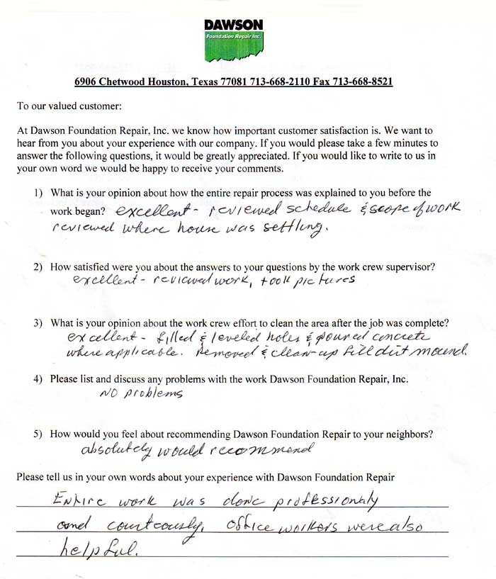 testimonial letter #381 in Dallas for Dawson Foundation Repair