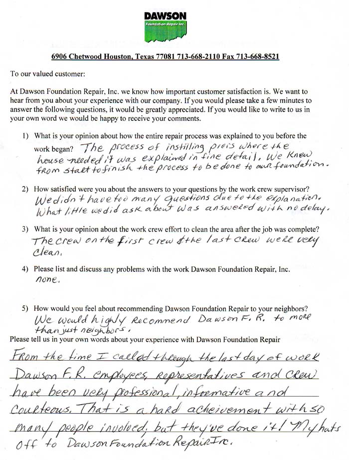 testimonial letter #384 in Dallas for Dawson Foundation Repair
