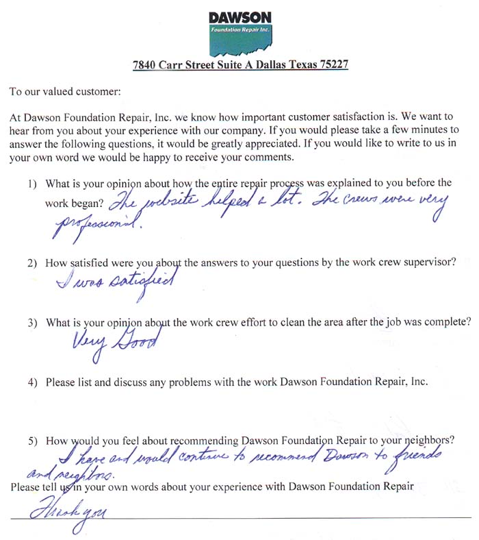 testimonial letter #420 in Dallas for Dawson Foundation Repair