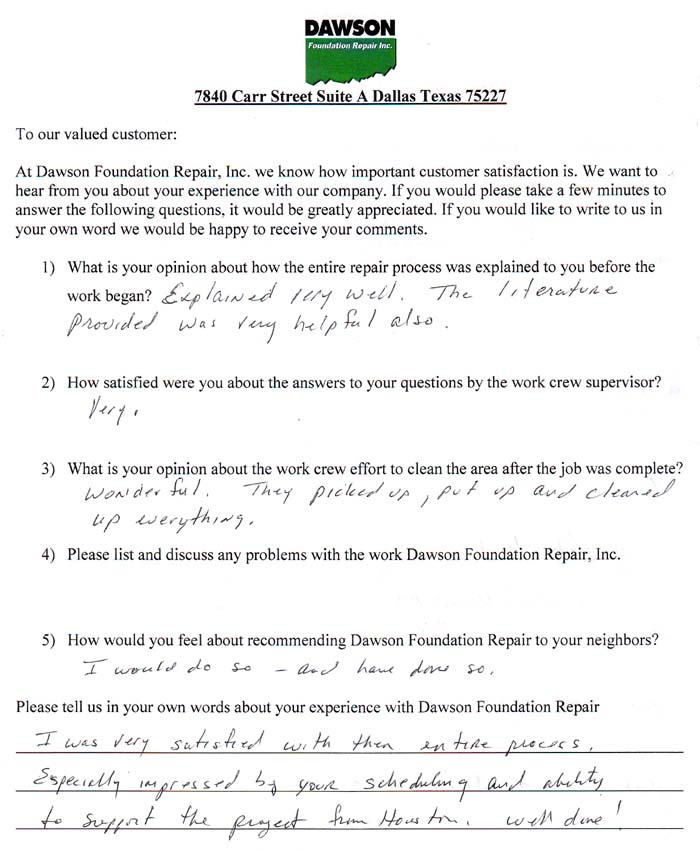 testimonial letter #425 in Dallas for Dawson Foundation Repair