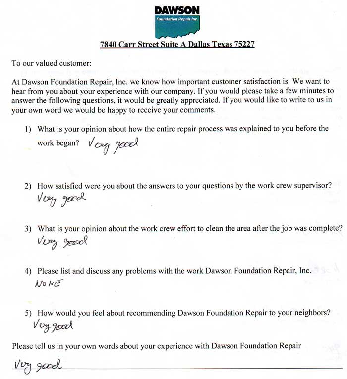 testimonial letter #434 in Dallas for Dawson Foundation Repair