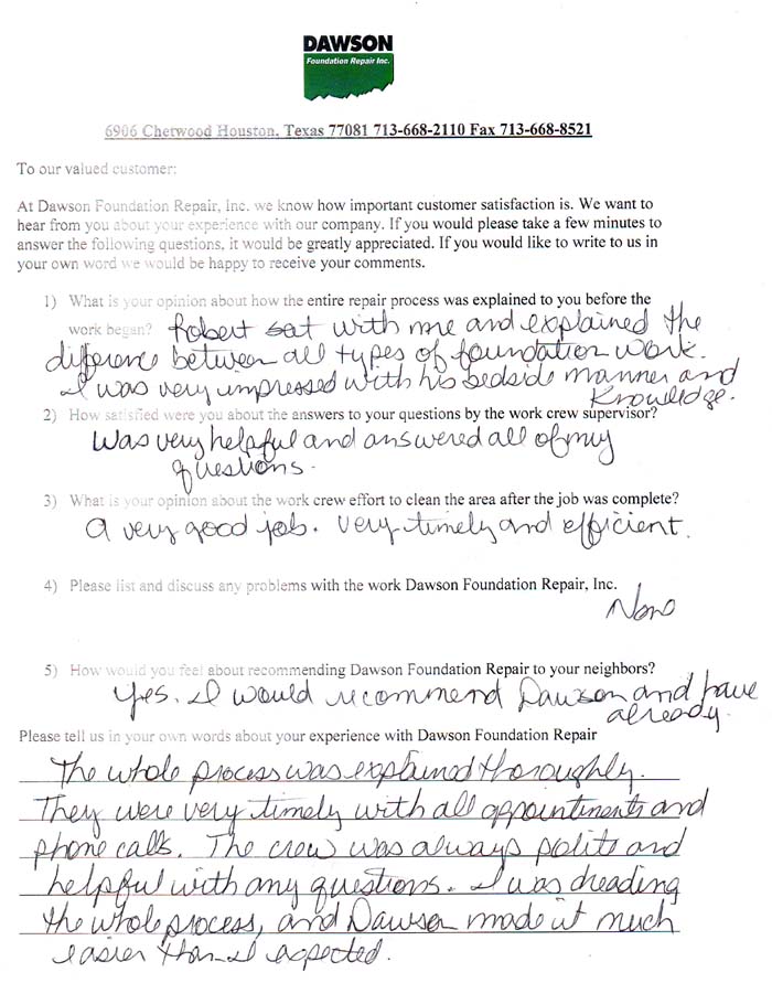 testimonial letter #458 in dallas for Dawson Foundation Repair