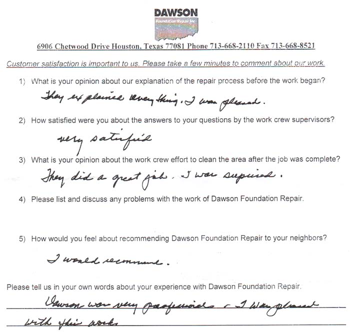 testimonial letter #501 in Dallas for Dawson Foundation Repair