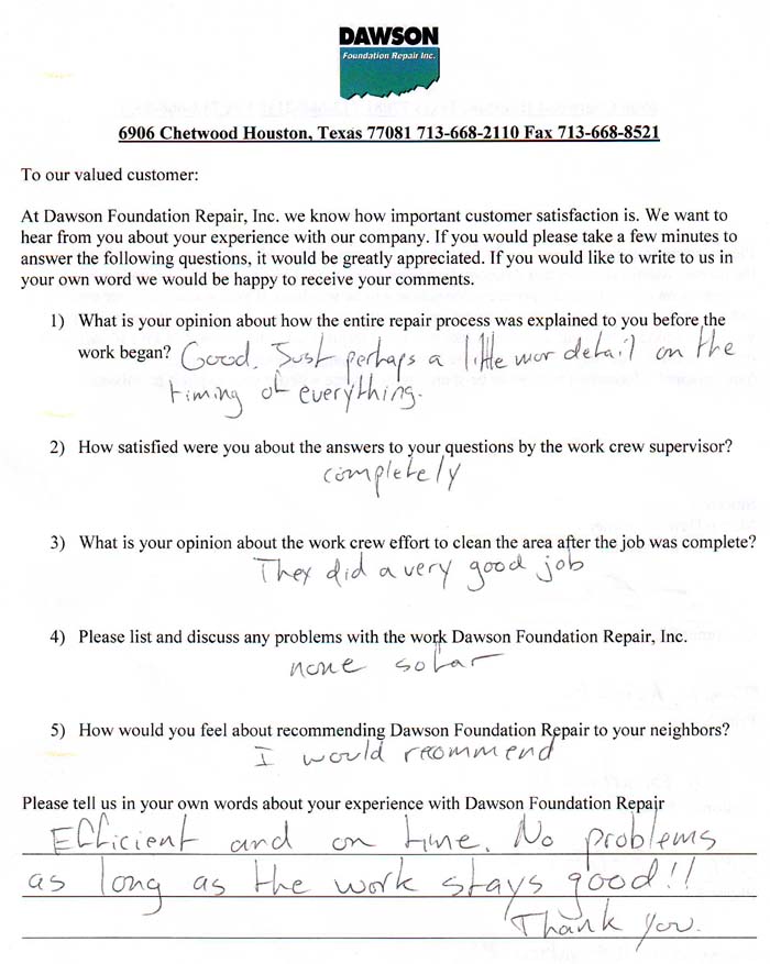 testimonial letter #408 in Houston for Dawson Foundation Repair