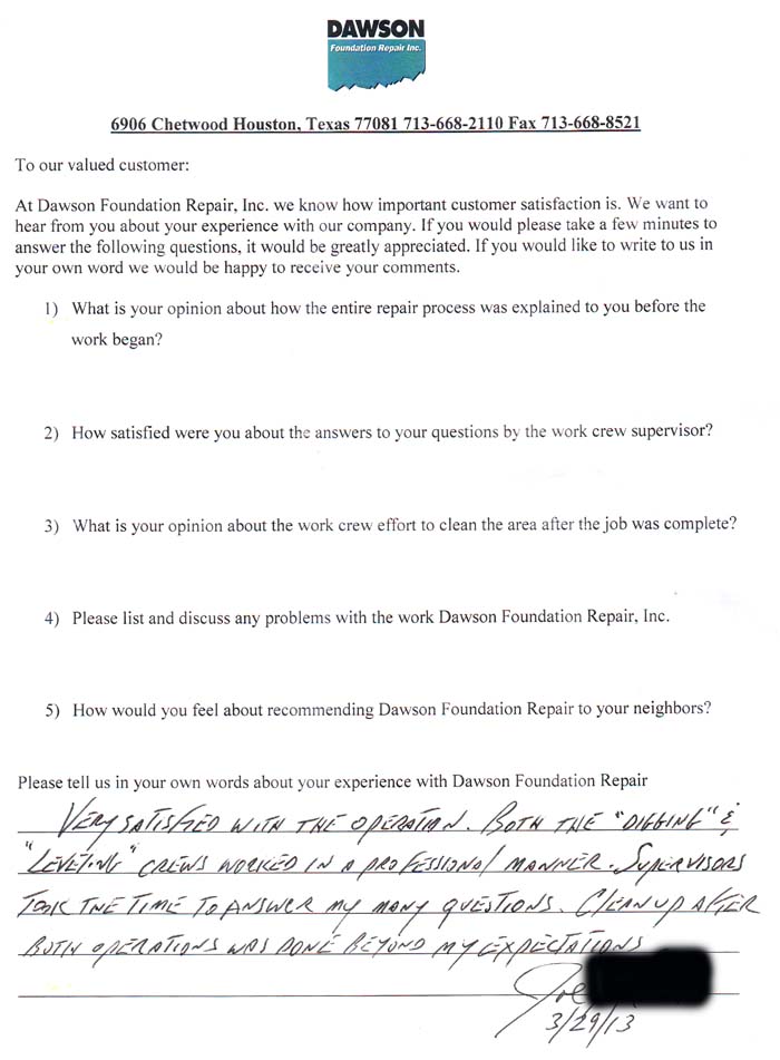 testimonial letter #413 in Houston for Dawson Foundation Repair