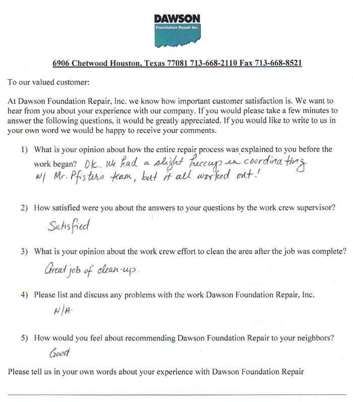 testimonial letter #414 in Houston for Dawson Foundation Repair