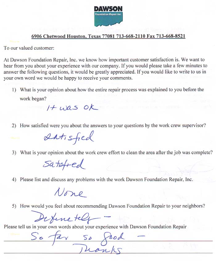 testimonial letter #415 in Houston for Dawson Foundation Repair