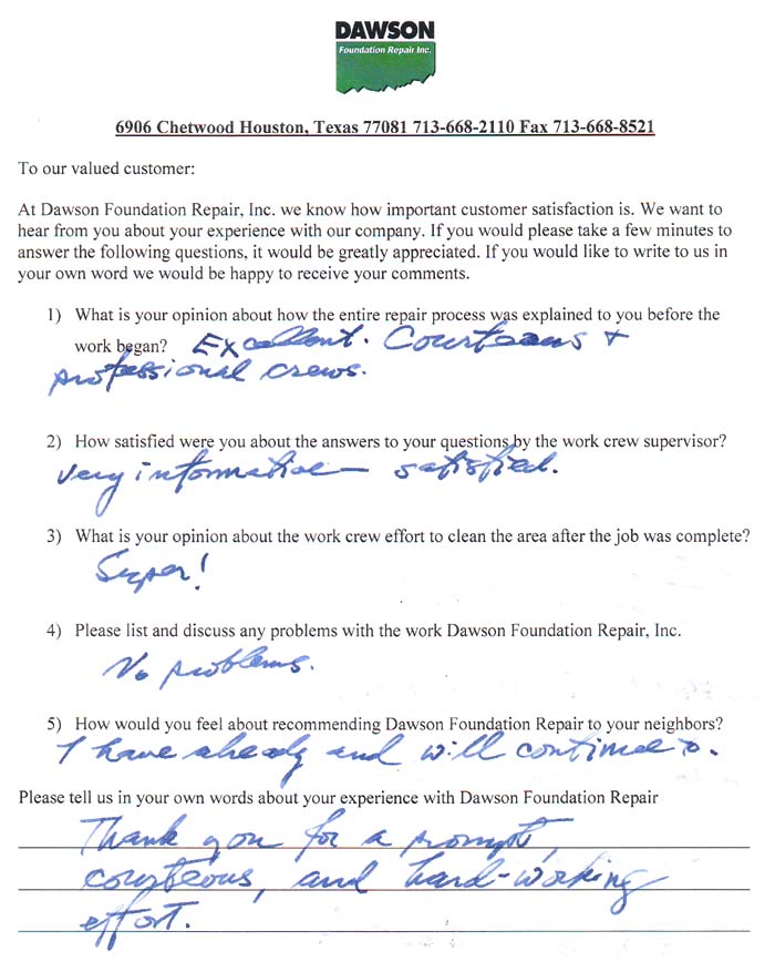 testimonial letter #417 in Houston for Dawson Foundation Repair