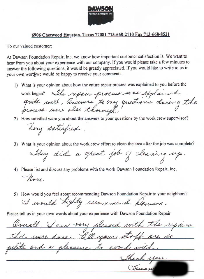 testimonial letter #422 in Houston for Dawson Foundation Repair