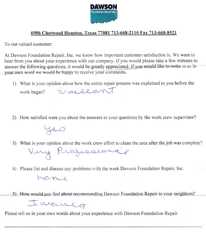 testimonial letter #426 in Houston for Dawson Foundation Repair