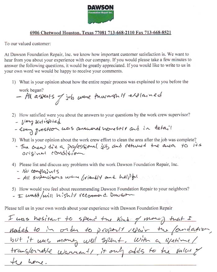 testimonial letter #427 in Houston for Dawson Foundation Repair