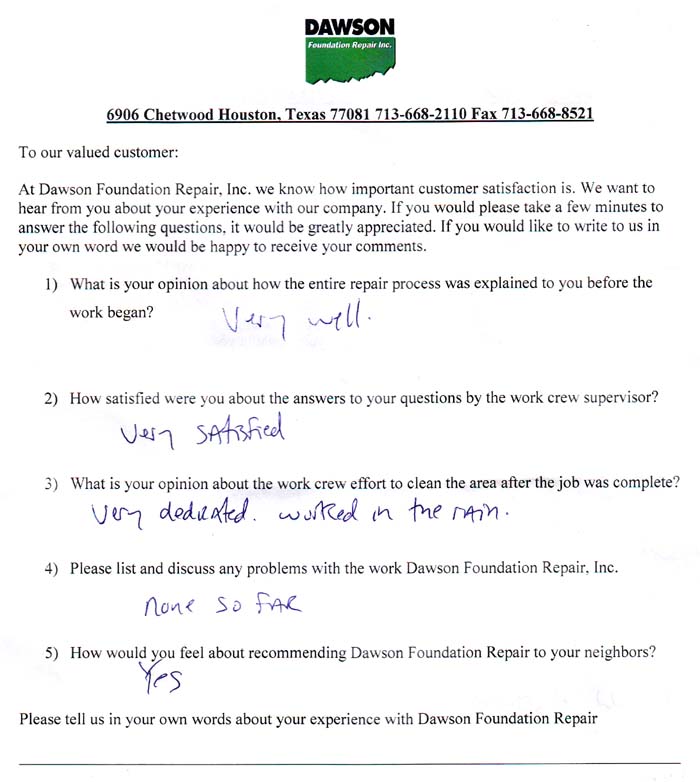 testimonial letter #428 in Houston for Dawson Foundation Repair