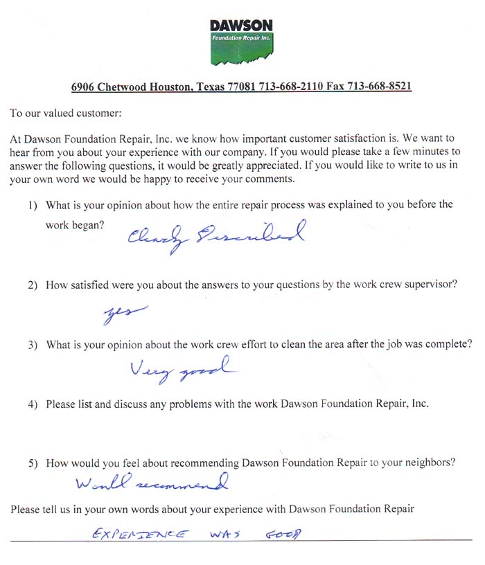 testimonial letter #430 in Houston for Dawson Foundation Repair